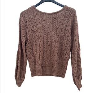 Mine Eyelet Knit Sweater Ribbed Waist/Cuffs Brown Back Tie Small